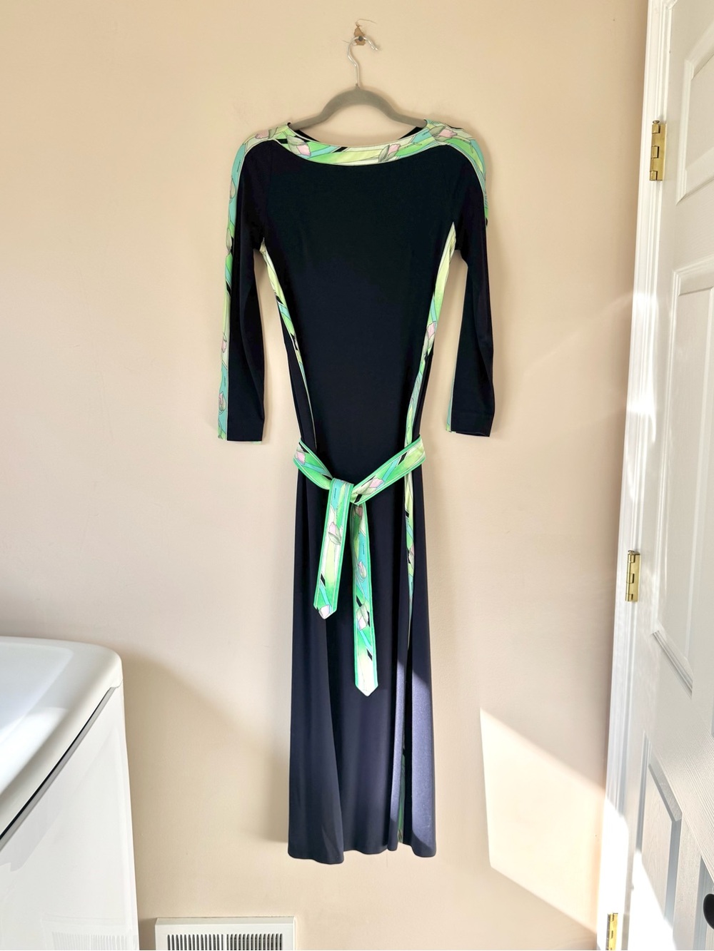 Leonard Paris Navy Blue + Lime Green / Pink 60s 70s Vintage Silk Designer Maxi